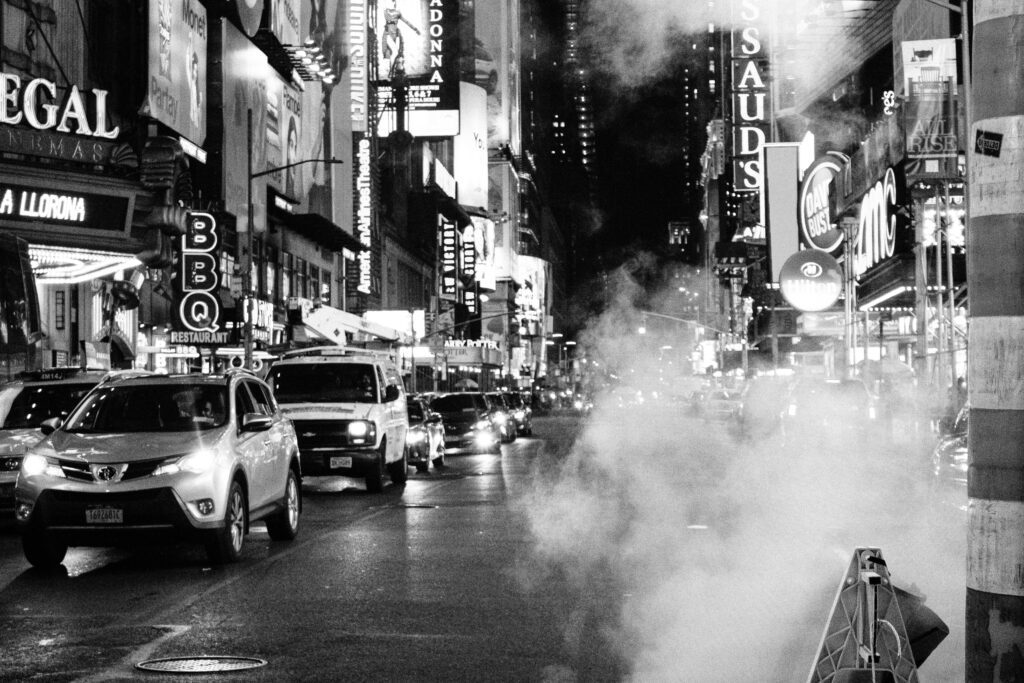 Black and white image of Time Square.